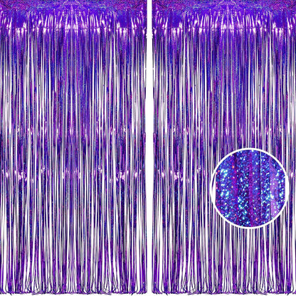 BRAVESHINE Purple Tinsel Foil Fringe Curtains - 2Pcs 3.2x8.2ft Metallic Holidays Photo Backdrop for
