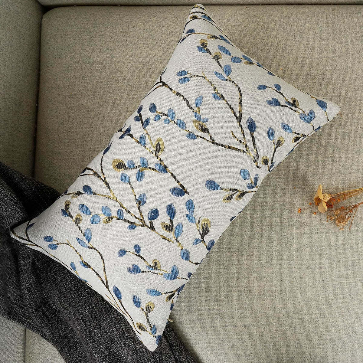 YOUR SMILE Classical Embroidery Jacquard Blue Square Decorative Throw Pillow Case Cushion