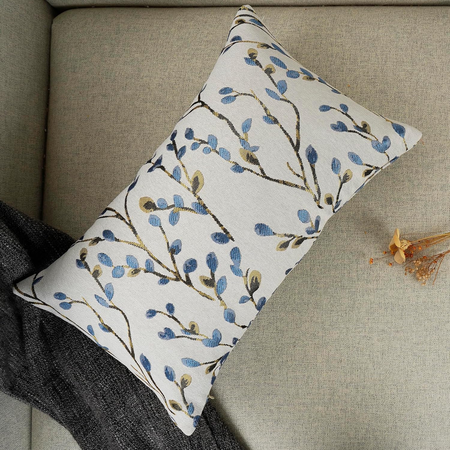 YOUR SMILE Classical Embroidery Jacquard Blue Square Decorative Throw Pillow Case Cushion