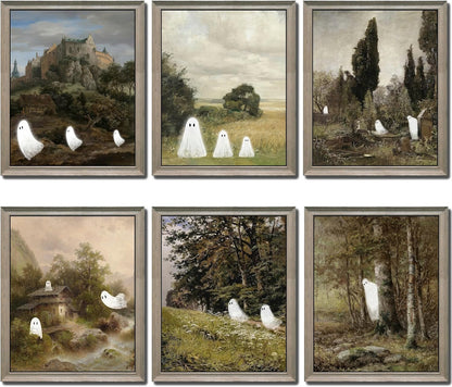 LANCHI95 6 Pcs 8x10in Halloween Wall Art Prints, Vintage Posters, Cute Ghost Pictures for Bedroom