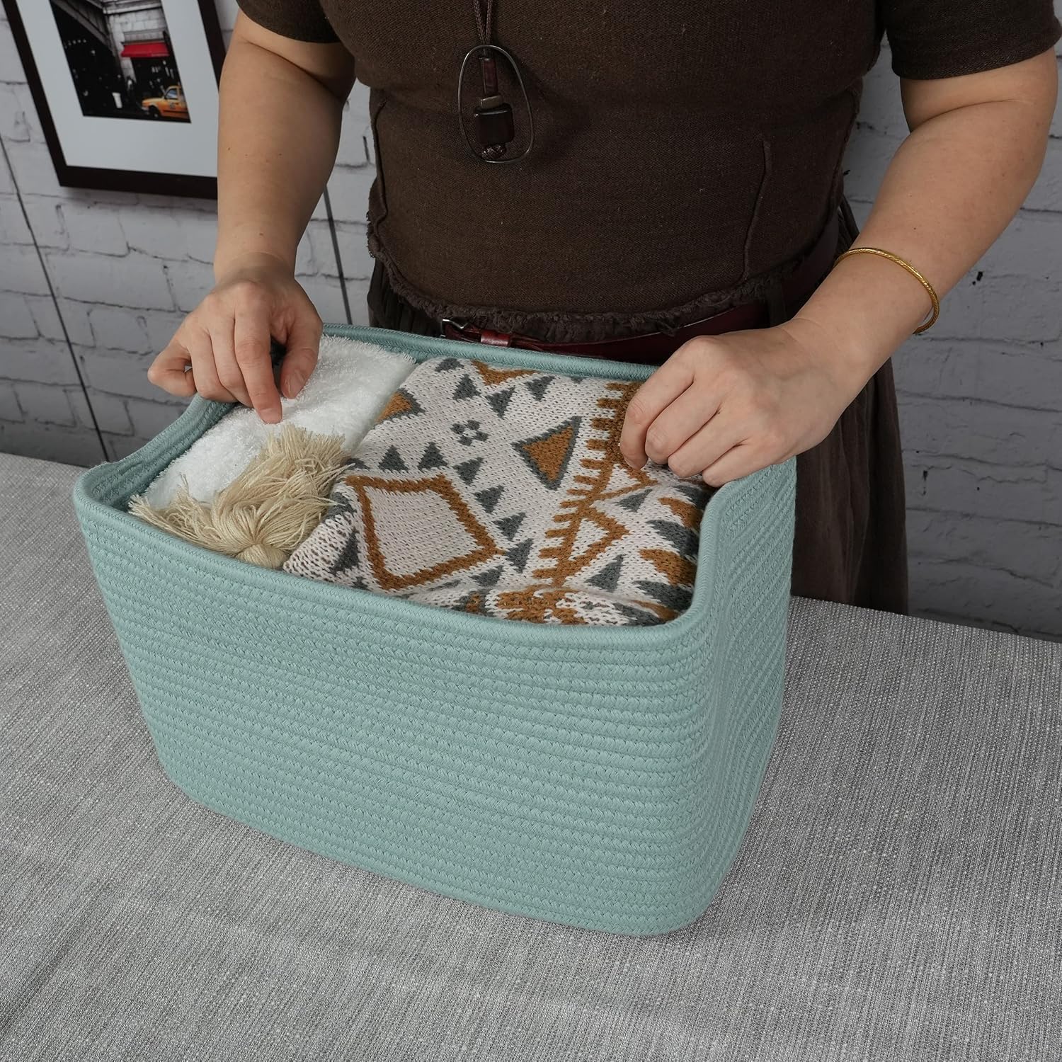 Cotton Rope storage Basket Bins Woven Basket for Organizing Shelves Rectangle Decorative Baskets