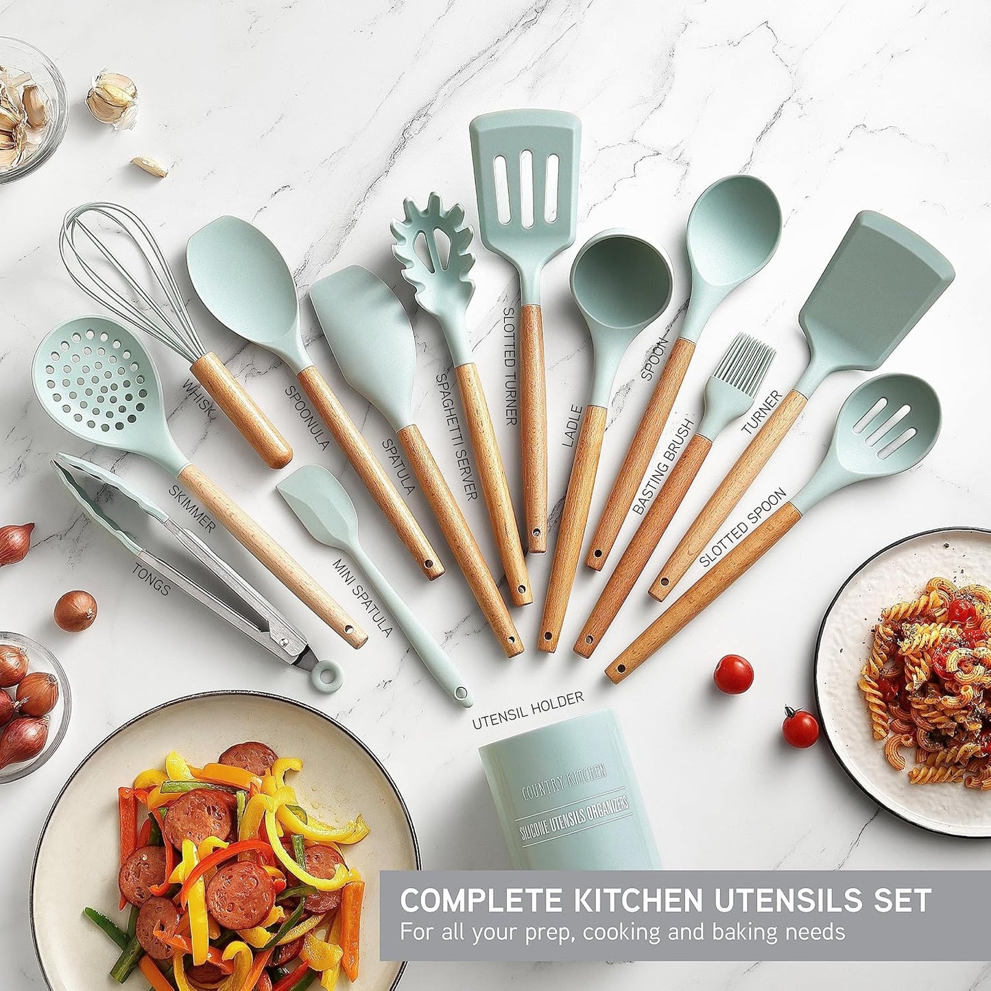 Country Kitchen Non Stick Silicone Utensil Set with Rounded Wood Handles for Cooking and Baking, 14