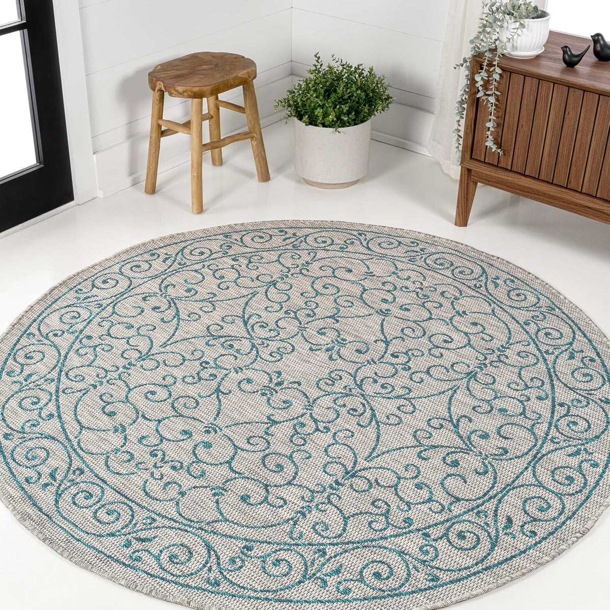 JONATHAN Y Vintage Filigree Indoor Outdoor Round Area Rug 8 Ft Gray/Teal, Charleston Textured Weave