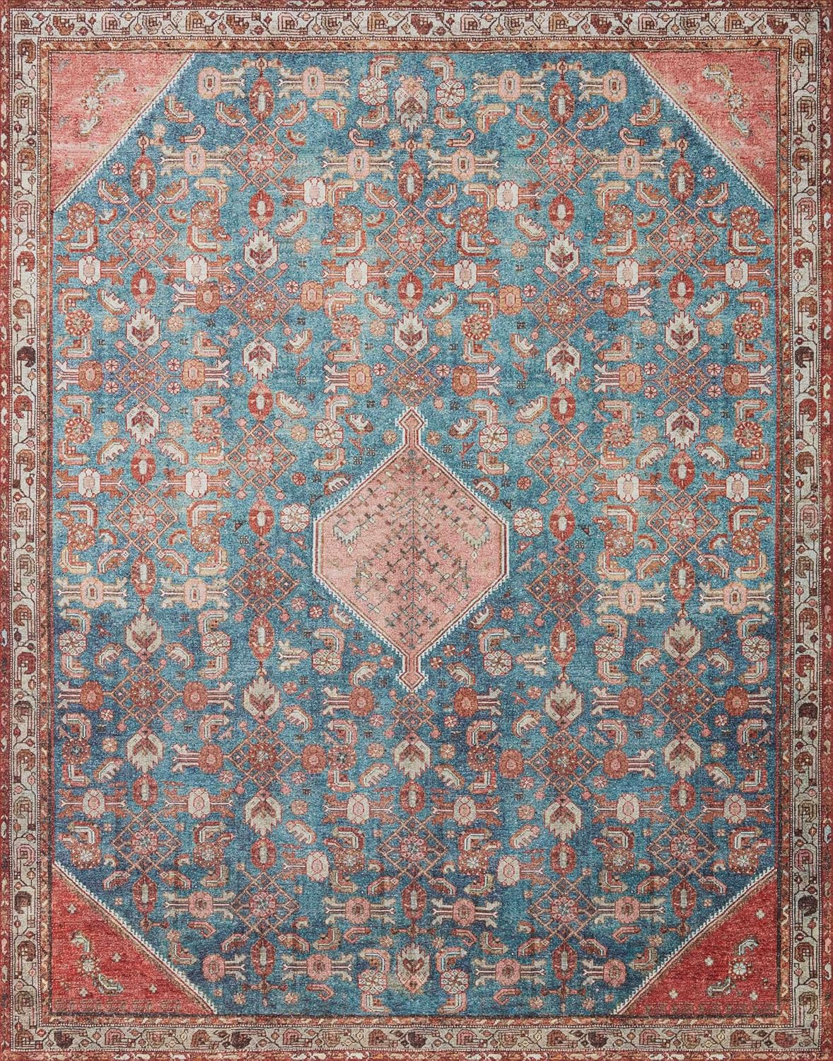 Loloi Layla Collection LAY-10 Marine/Clay 7'-6" x 9'-6" .13" Thick Area Rug, Soft, Durable, Vintage
