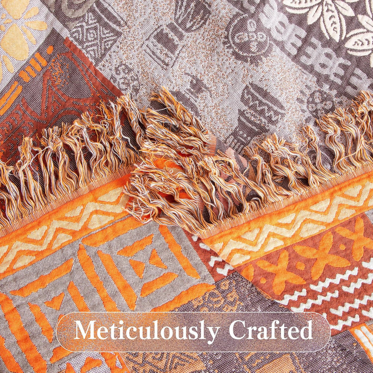 Boho Throw Blanket Twin Size, Soft Cozy Cotton Muslin Quilt Blanket for Bed Decor, Patchwork Block