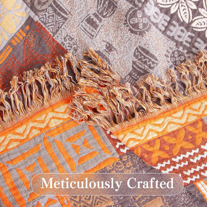 Boho Throw Blanket Twin Size, Soft Cozy Cotton Muslin Quilt Blanket for Bed Decor, Patchwork Block