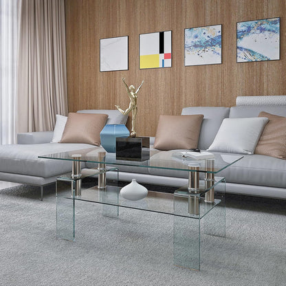 Glass Coffee Table for Living Room, Modern Rectangle All Tempered Glass Table 8mm Clear Transparent