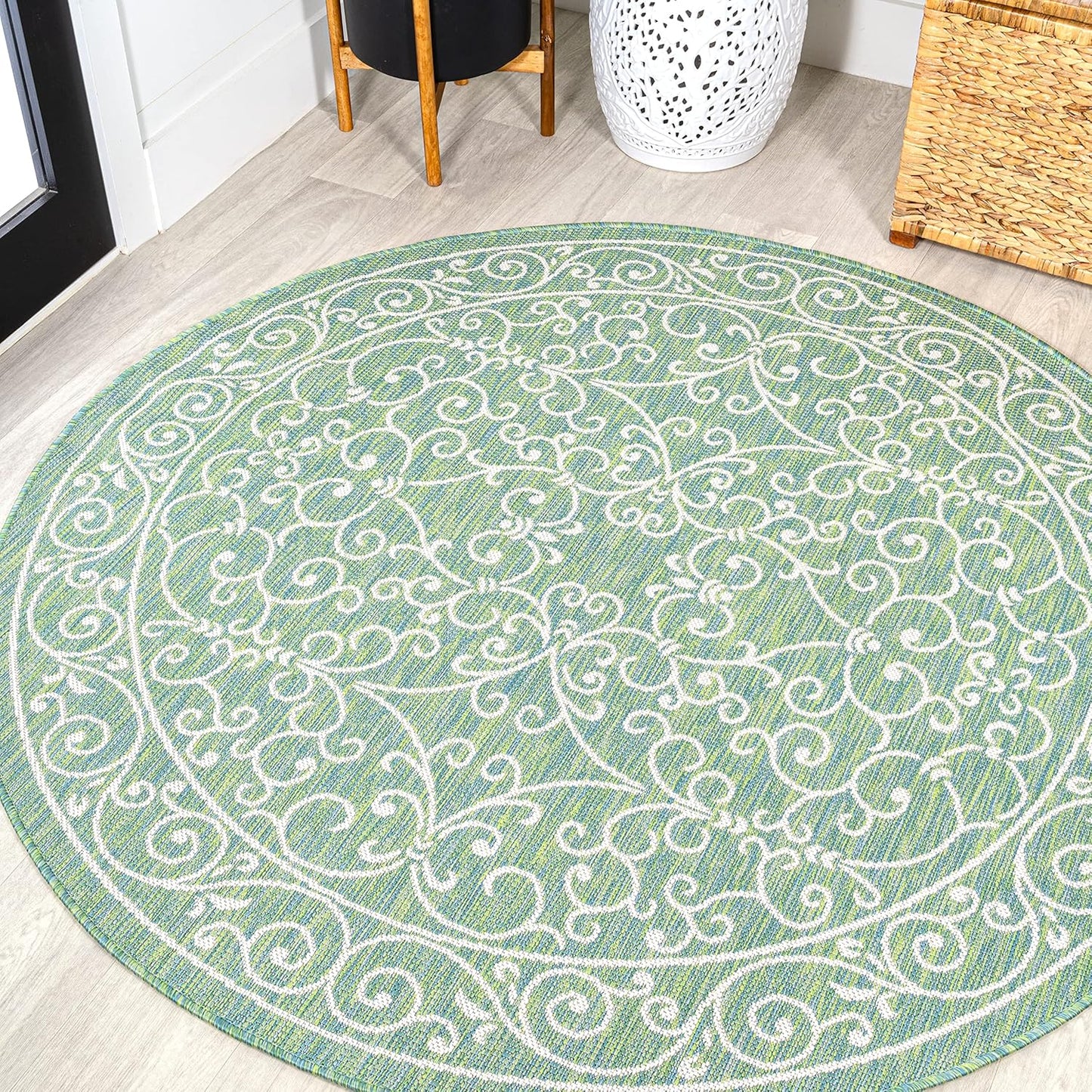 JONATHAN Y Vintage Filigree Indoor Outdoor Round Area Rug 5 Ft Green/Ivory, Charleston Textured