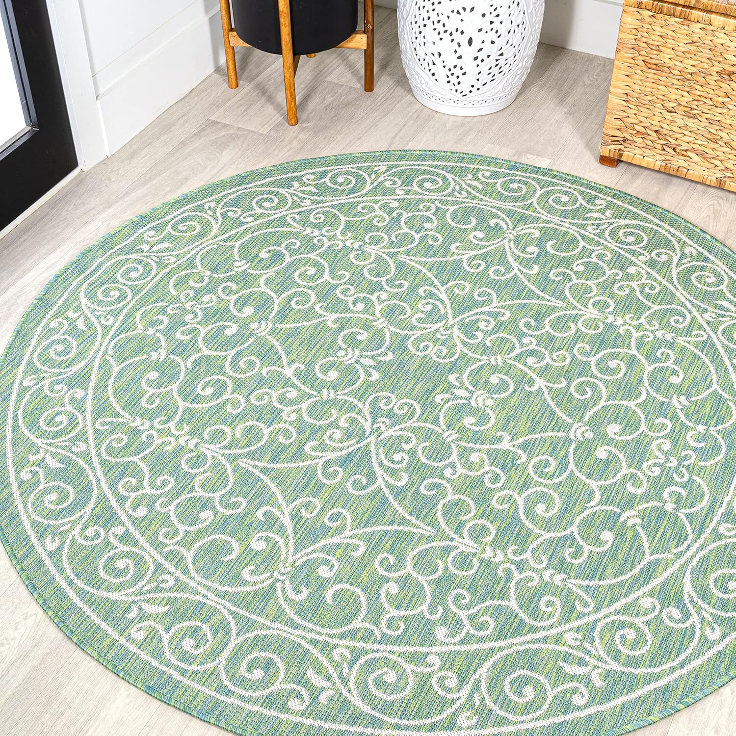 JONATHAN Y Vintage Filigree Indoor Outdoor Round Area Rug 5 Ft Green/Ivory, Charleston Textured
