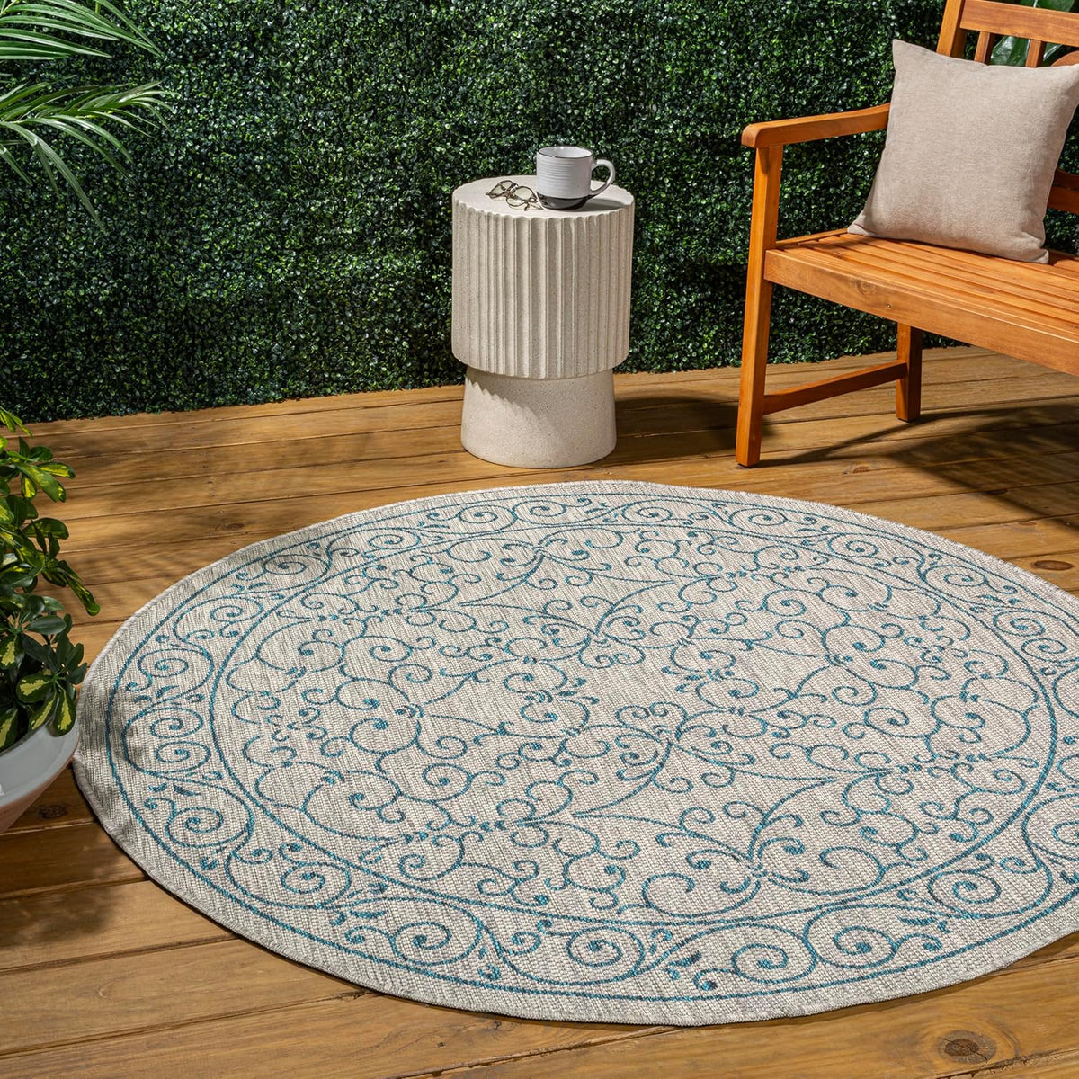 JONATHAN Y Vintage Filigree Indoor Outdoor Round Area Rug 8 Ft Gray/Teal, Charleston Textured Weave