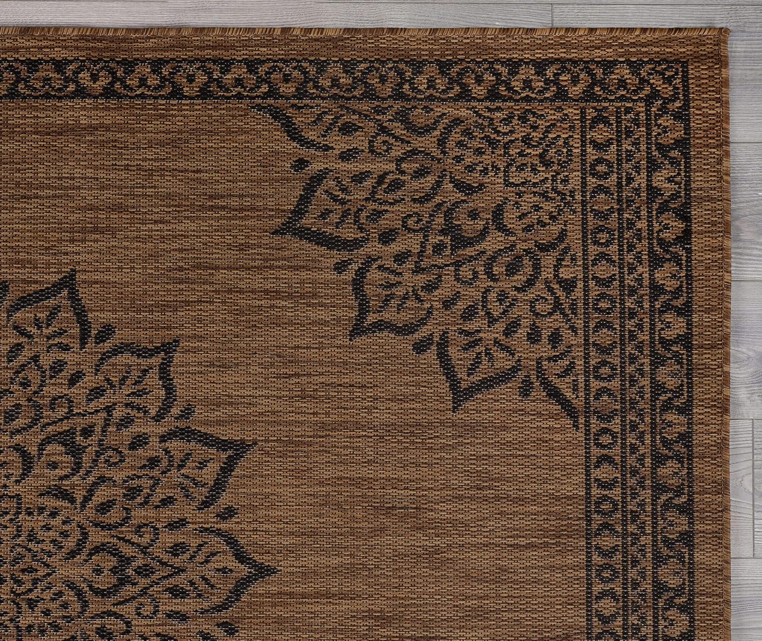 CAMILSON Outdoor Rug, 10x14 Medallion Nut Brown Black Modern Area Rugs for Large Indoor and Outdoor