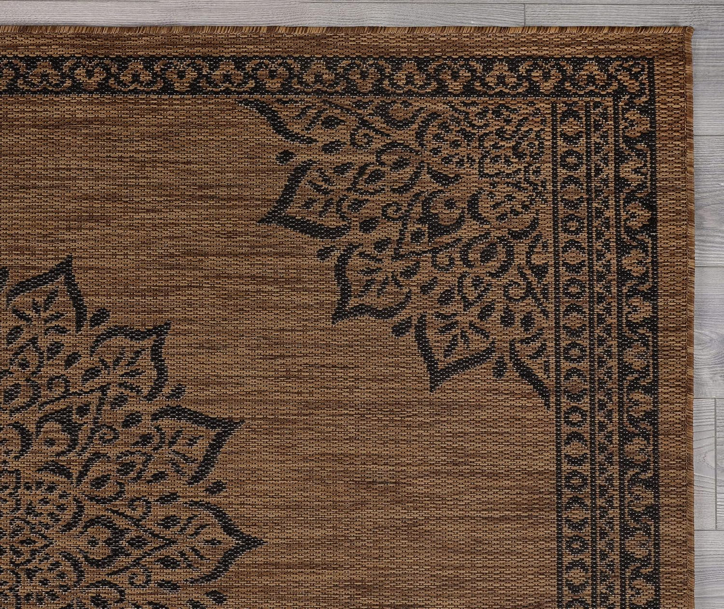 CAMILSON Outdoor Rug, 5x7 Medallion Nut Brown Black Modern Area Rugs for Indoor and Outdoor Patios