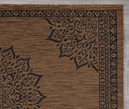 CAMILSON Outdoor Rug, 5x7 Medallion Nut Brown Black Modern Area Rugs for Indoor and Outdoor Patios