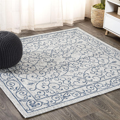 JONATHAN Y Vintage Filigree Indoor Outdoor Square Area Rug 8X8 Gray/Navy, Charleston Textured Weave
