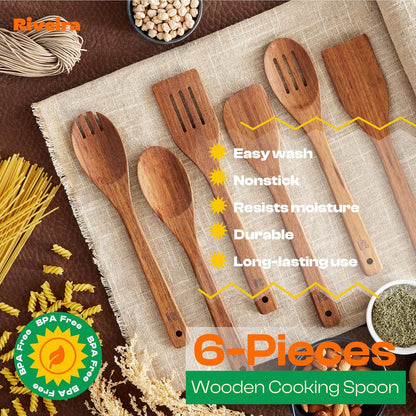 Riveira Teak Wooden Spoons for Cooking Set of 6 – Natural Teak Wooden Cooking Utensils, Wooden