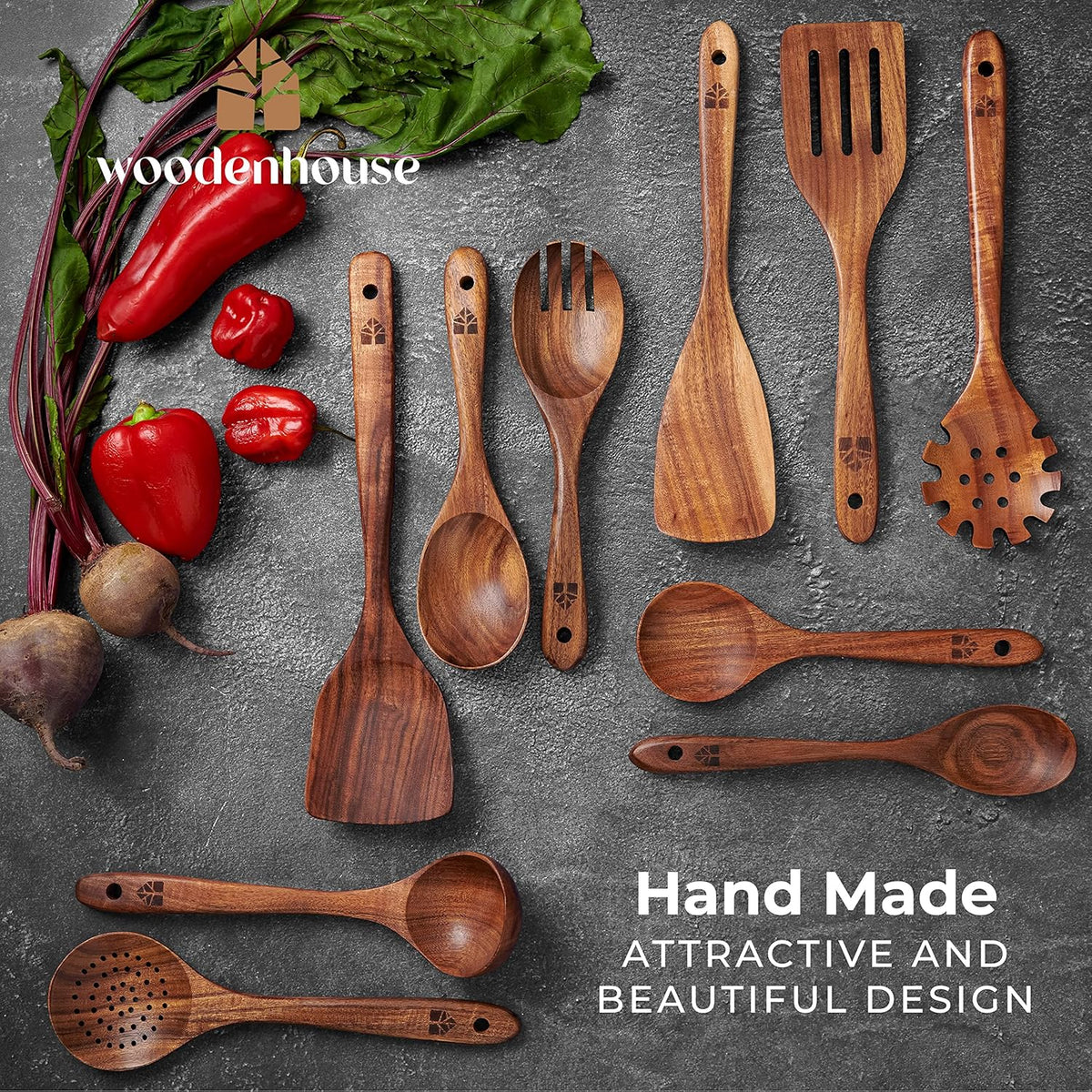 Wooden Spoons for Cooking, 10 Pcs Wooden Cooking Utensils Set – Wooden Utensil Set for Nonstick