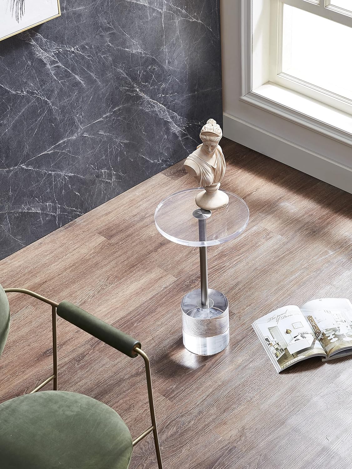 Clear Acrylic End Table,Side Table,Brushed Silver Metal,Round,for Office, Living Room and