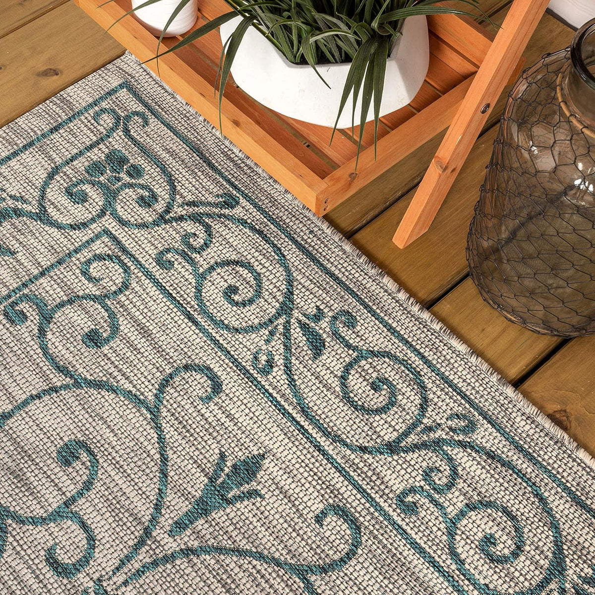 JONATHAN Y Vintage Filigree Indoor Outdoor Runner Rug 2X8 Gray/Teal, Charleston Textured Weave for