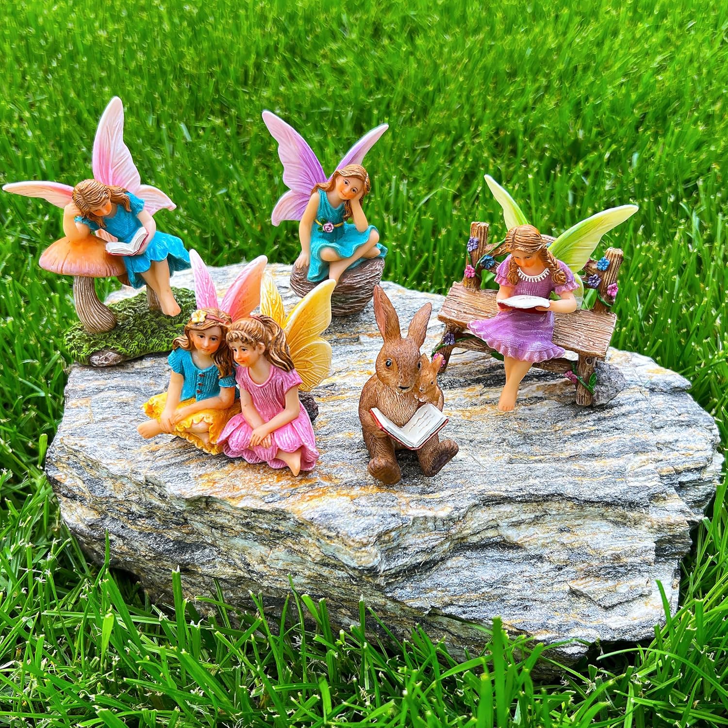 Mood Lab Fairy Garden - Miniature Reading Fairies Figurines Set - Statues & Accessories Decor Kit
