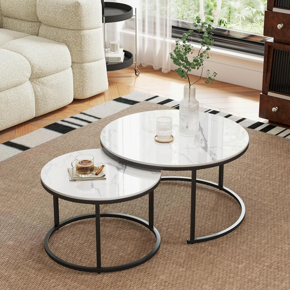 Round Nesting Coffee Table, White Modern Decorative Coffee Center Table Set of 2,Round Sintered
