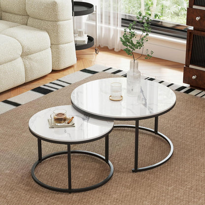 Round Nesting Coffee Table, White Modern Decorative Coffee Center Table Set of 2,Round Sintered