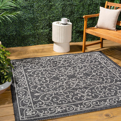 JONATHAN Y Vintage Filigree Indoor Outdoor Square Area Rug 6X6 Black/Gray, Charleston Textured