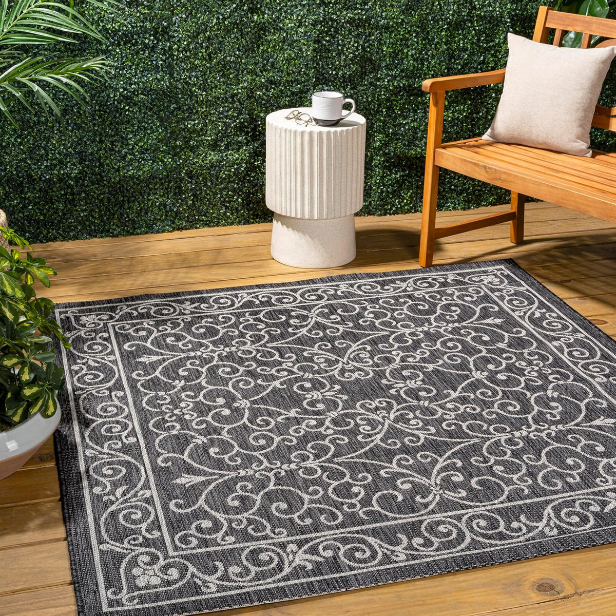 JONATHAN Y Vintage Filigree Indoor Outdoor Square Area Rug 4X4 Black/Gray, Charleston Textured