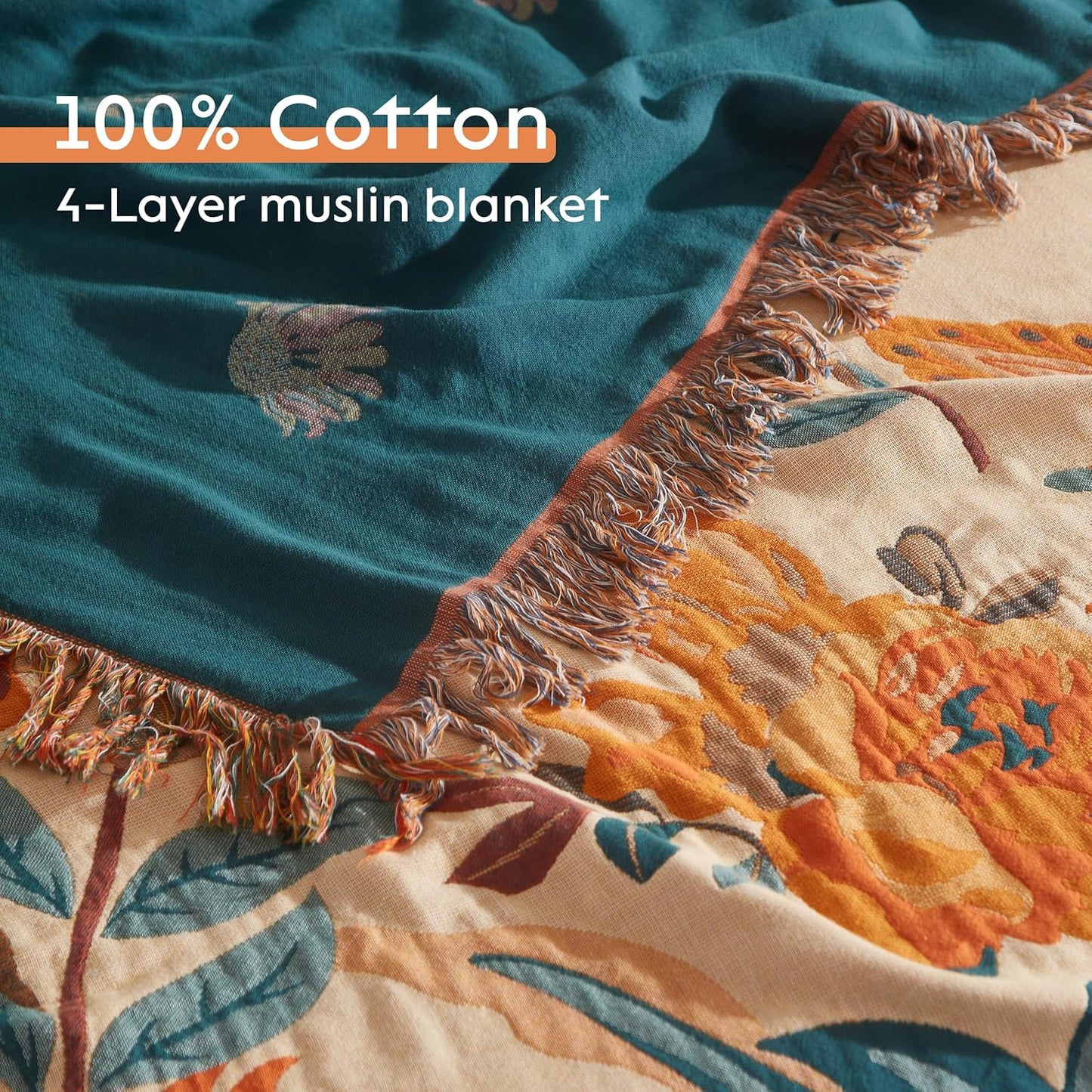 Boho Throw Blanket for Bed 60”x80”, 100% Cotton Woven Blanket for Couch Sofa, Ultra Soft 4-Layer
