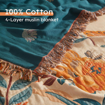 Boho Throw Blanket for Bed 80”x90”, 100% Cotton Woven Blanket for Couch Sofa, Ultra Soft 4-Layer