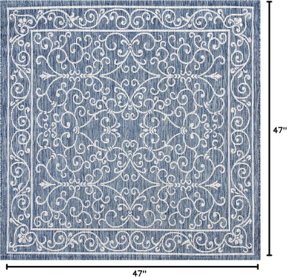 JONATHAN Y Vintage Filigree Indoor Outdoor Square Area Rug 4X4 Navy/Gray, Charleston Textured Weave