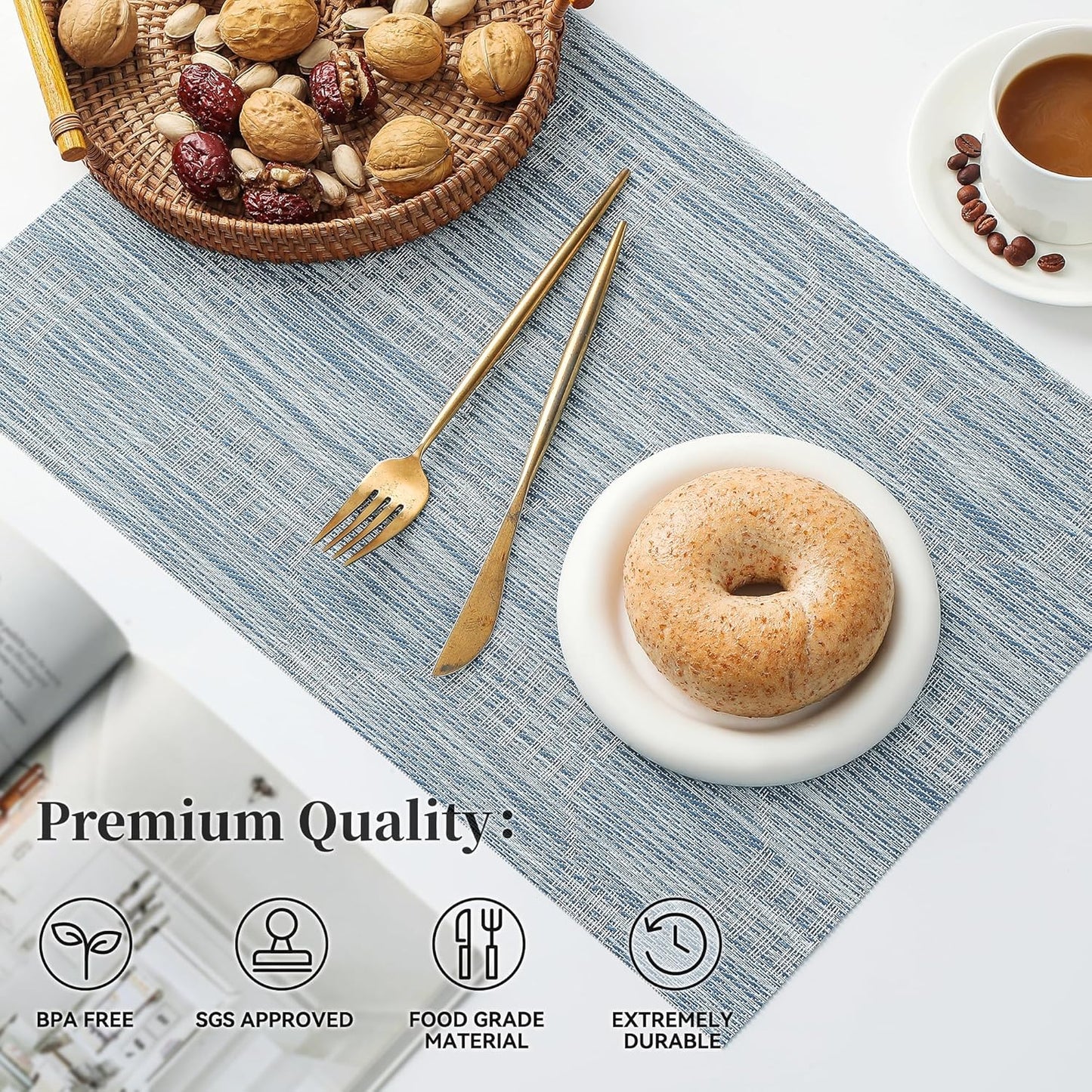 Leetaltree Jacquard Blue Placemats Set of 12 - Heat Resistant Non-Slip Place mats for Dining Table