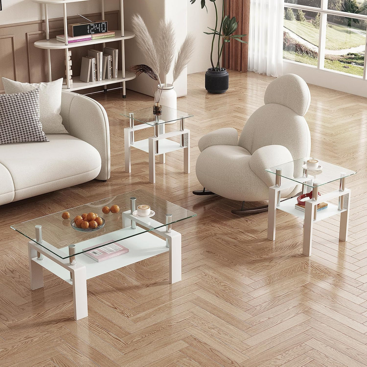 Glass Coffee Table Rectangle White Living Room Center Table, 39inch Transparent Tempered Glass