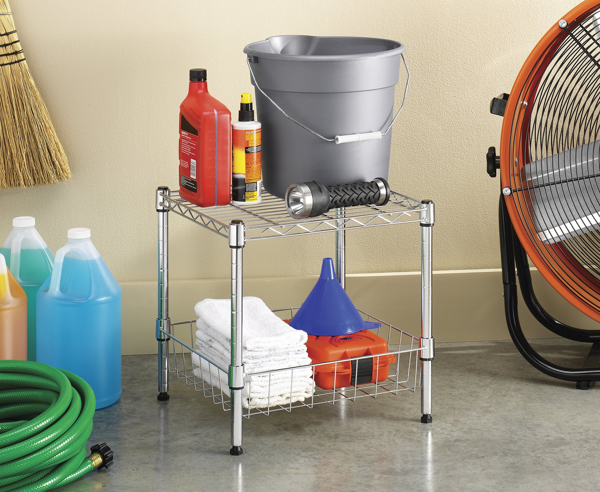 Whitmor 2-Wire Shelving Unit, Metal Storage Shelves, Stacking Shelf with Basket, Easy Assembly Home