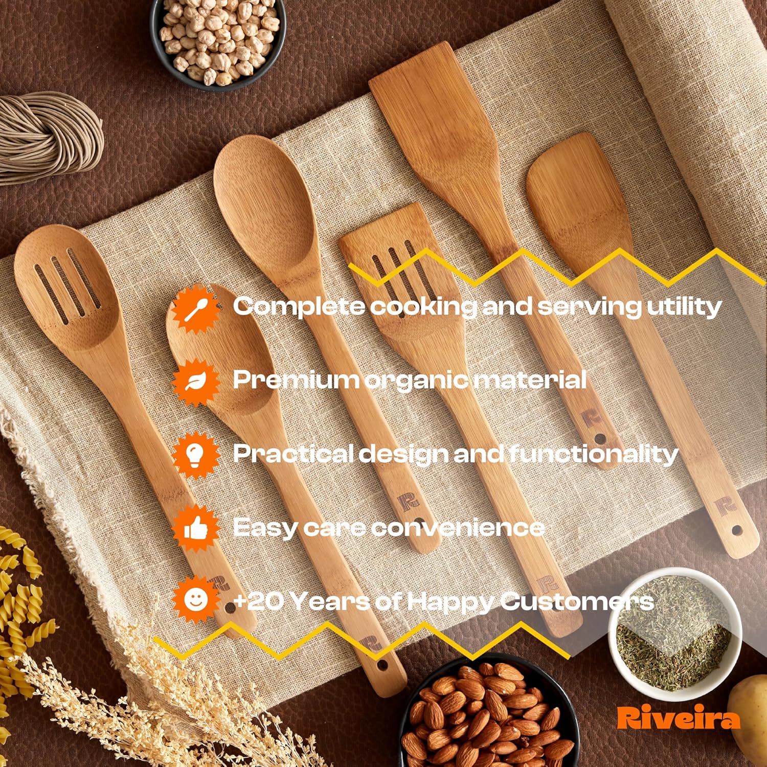 Riveira Dark Bamboo Wooden Spoons for Cooking 6-Piece, Apartment Essentials Wood Spatula Spoon