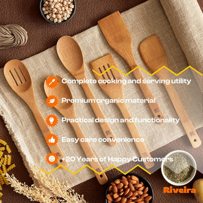 Riveira Dark Bamboo Wooden Spoons for Cooking 6-Piece, Apartment Essentials Wood Spatula Spoon