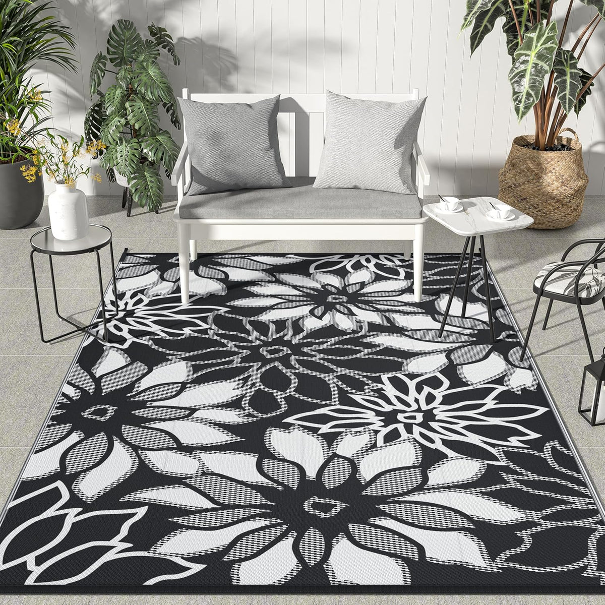 GENIMO Outdoor Rug Waterproof for Patio Decor, 8' x 10' Reversible Plastic Straw Floral Camping