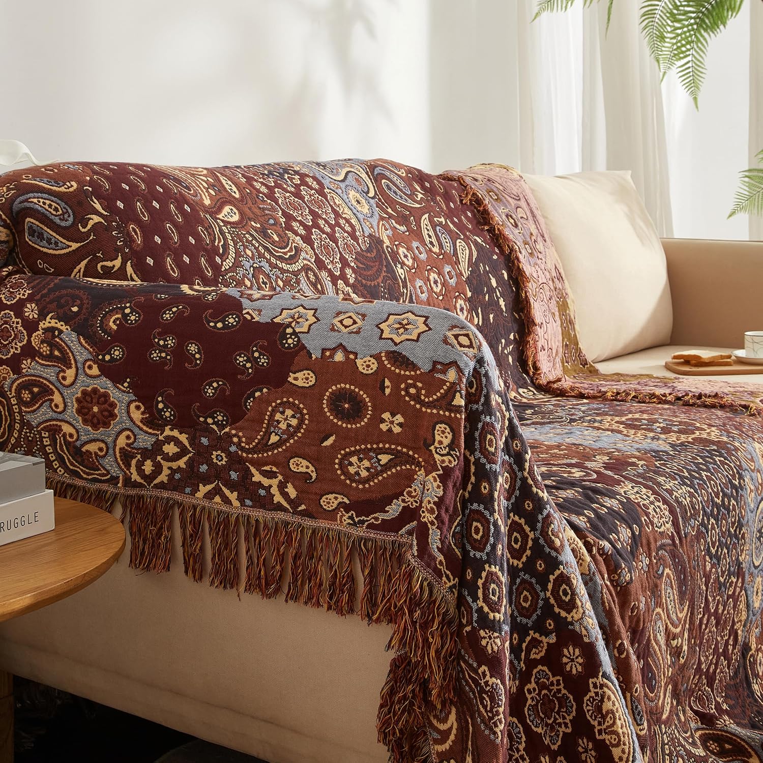 Boho Throw Blanket for Bed 60”x80”, 100% Cotton Woven Blanket for Couch Sofa, Ultra Soft 4-Layer