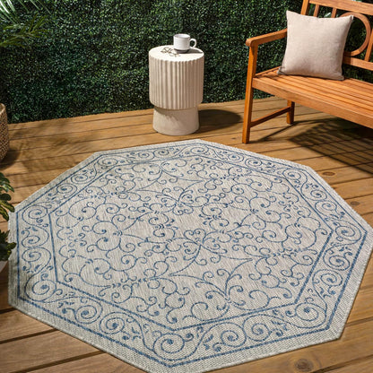JONATHAN Y Vintage Filigree Indoor Outdoor Octagon Area Rug 5 Ft Gray/Navy, Charleston Textured
