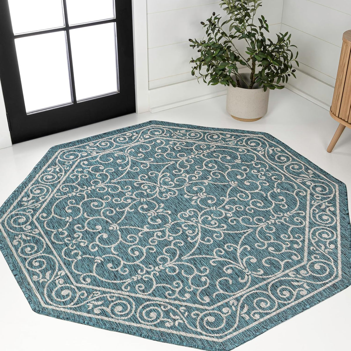 JONATHAN Y Vintage Filigree Indoor Outdoor Octagon Area Rug 8 Ft Teal/Gray, Charleston Textured