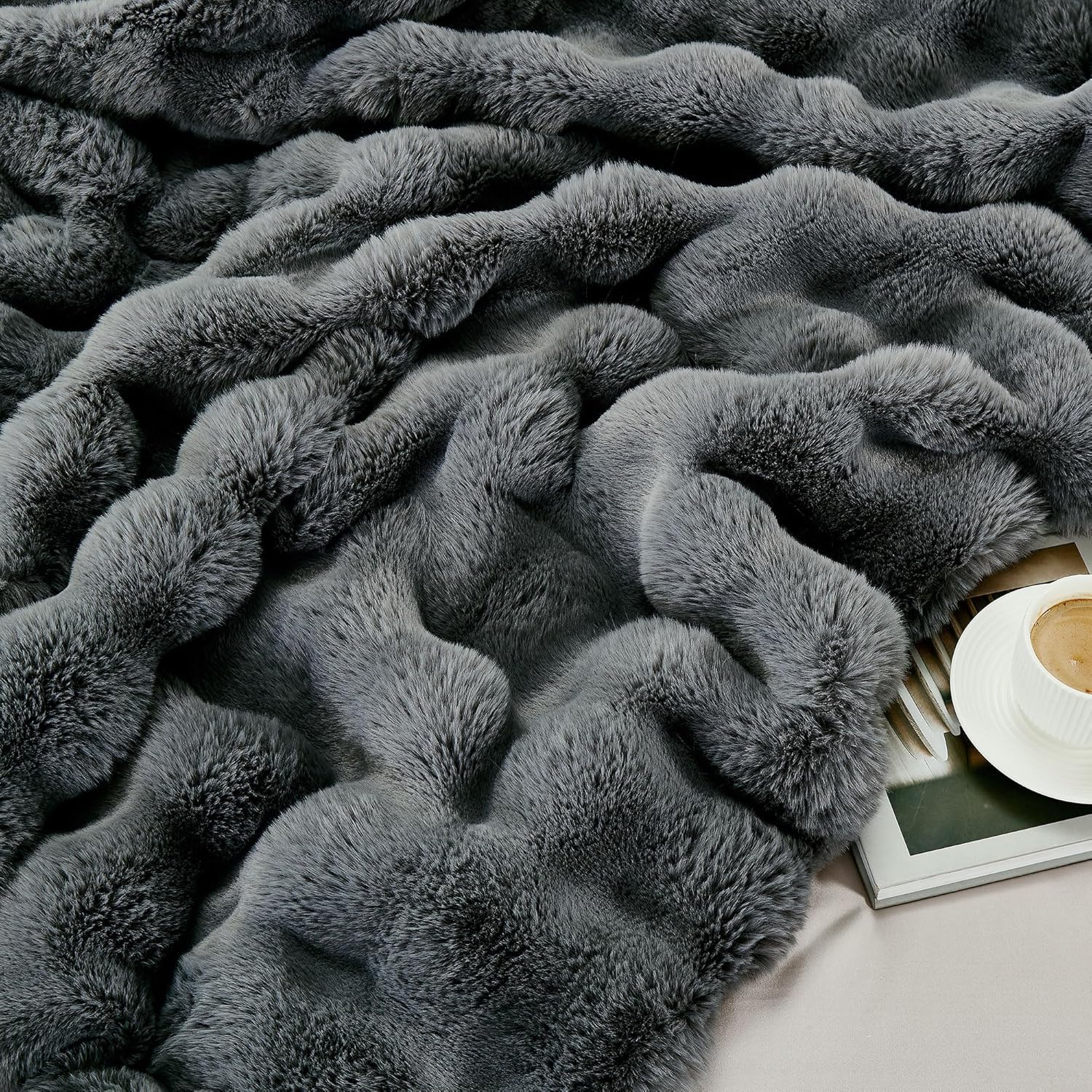 DREAMNINE Soft Fuzzy Bubble Faux Rabbit Fur Throw Blanket for Couch 50" x 60", Double Sided Long