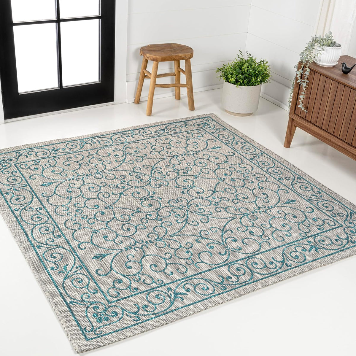 JONATHAN Y Vintage Filigree Indoor Outdoor Square Area Rug 5X5 Gray/Teal, Charleston Textured Weave