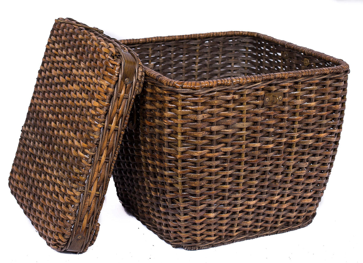 BIRDROCK HOME Rattan Peel Storage Cube | Removable Lid | Spacious Interior Basket | Organizer Bin |