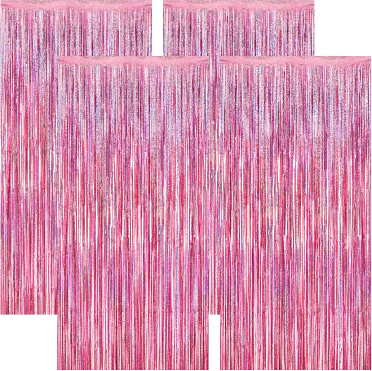 4 Pack Pink Backdrop, 3.28 FT x7.05 FT Foil Fringe Curtains, Metallic Glitter Pink Streamer Fringe