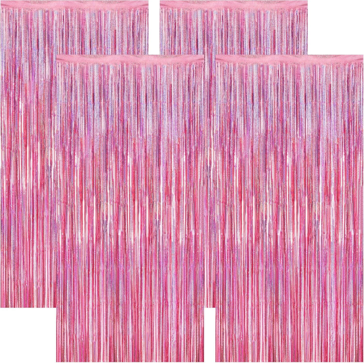 4 Pack Pink Backdrop, 3.28 FT x7.05 FT Foil Fringe Curtains, Metallic Glitter Pink Streamer Fringe