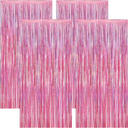 4 Pack Pink Backdrop, 3.28 FT x7.05 FT Foil Fringe Curtains, Metallic Glitter Pink Streamer Fringe