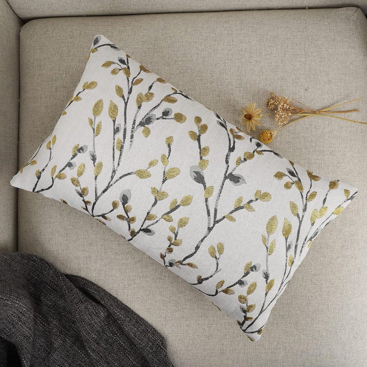 YOUR SMILE Classical Embroidery Jacquard Yellow/Gold Square Decorative Throw Pillow Case Cushion