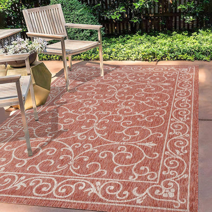 JONATHAN Y Vintage Filigree Indoor Outdoor Area Rug 6X9 Red/Beige, Charleston Textured Weave for