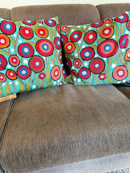 Floral Poppy Pillow Cover - Turquoise Suzani Poppies Accent Chair Cushion - 18x18 Inch Hand