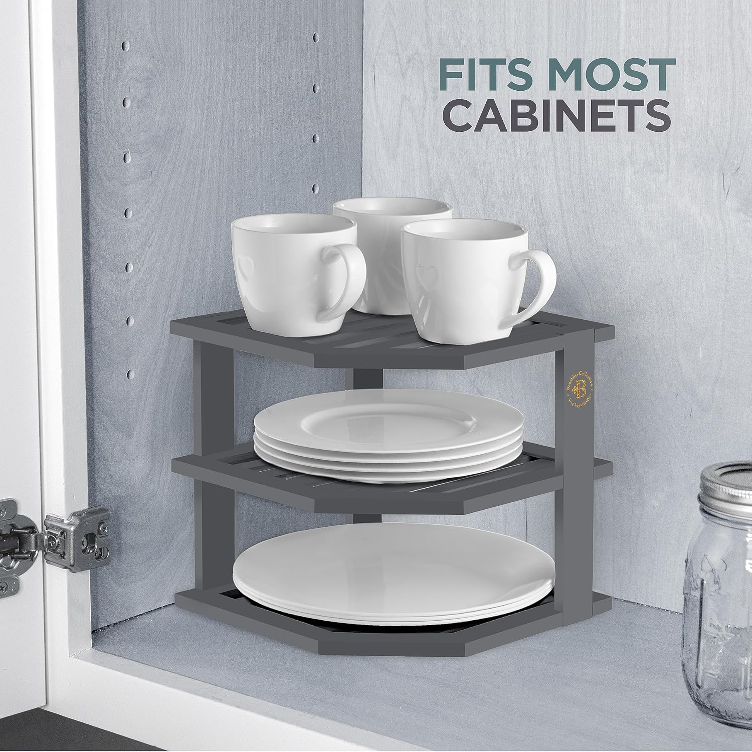 Cabinet Organizer Shelf - Bamboo Corner Rack for Kitchen Counter, Cabinet Space Saver for Plates