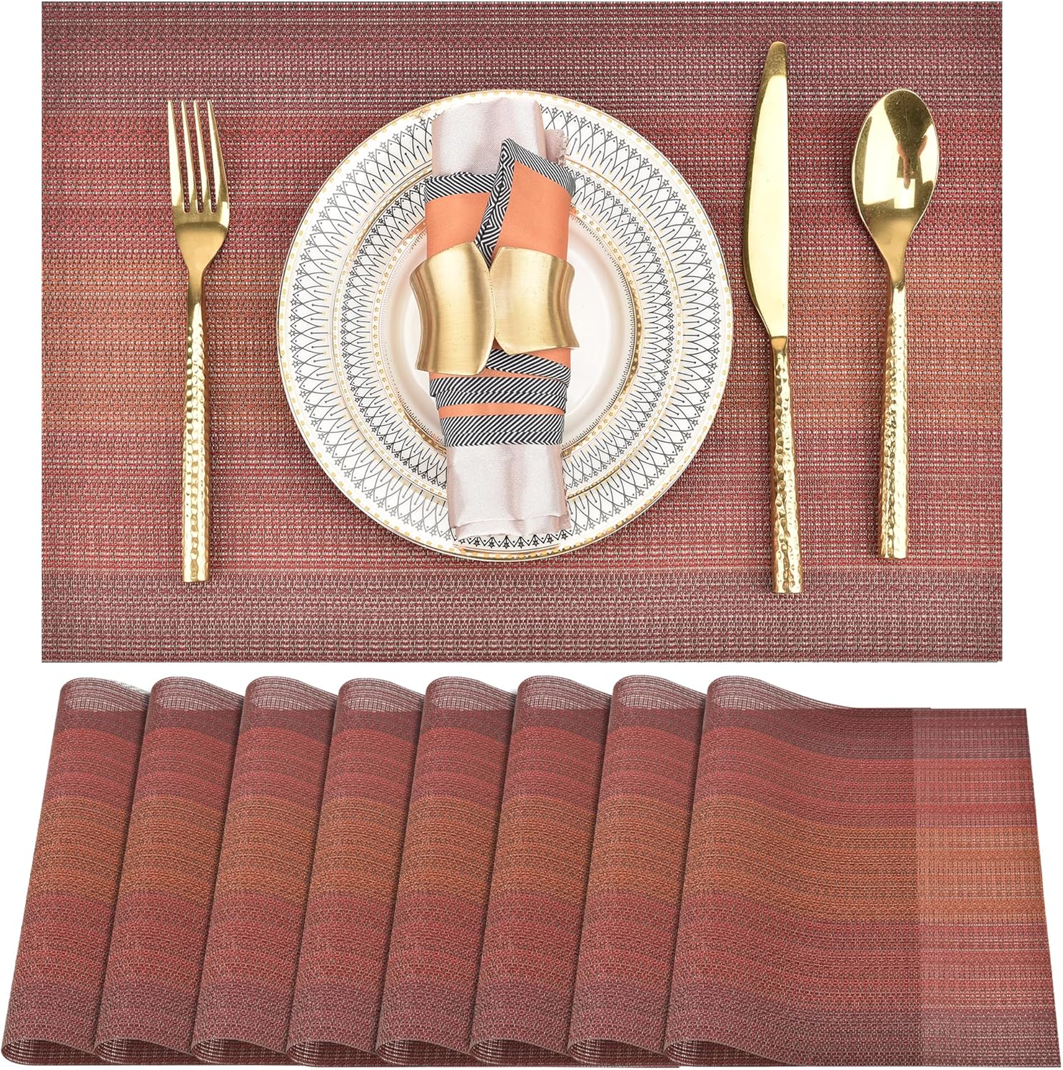 Placemats Set of 8 - Easy Clean Washable Vinyl Placemats - Wipeable Heat Resistant Table Mats for